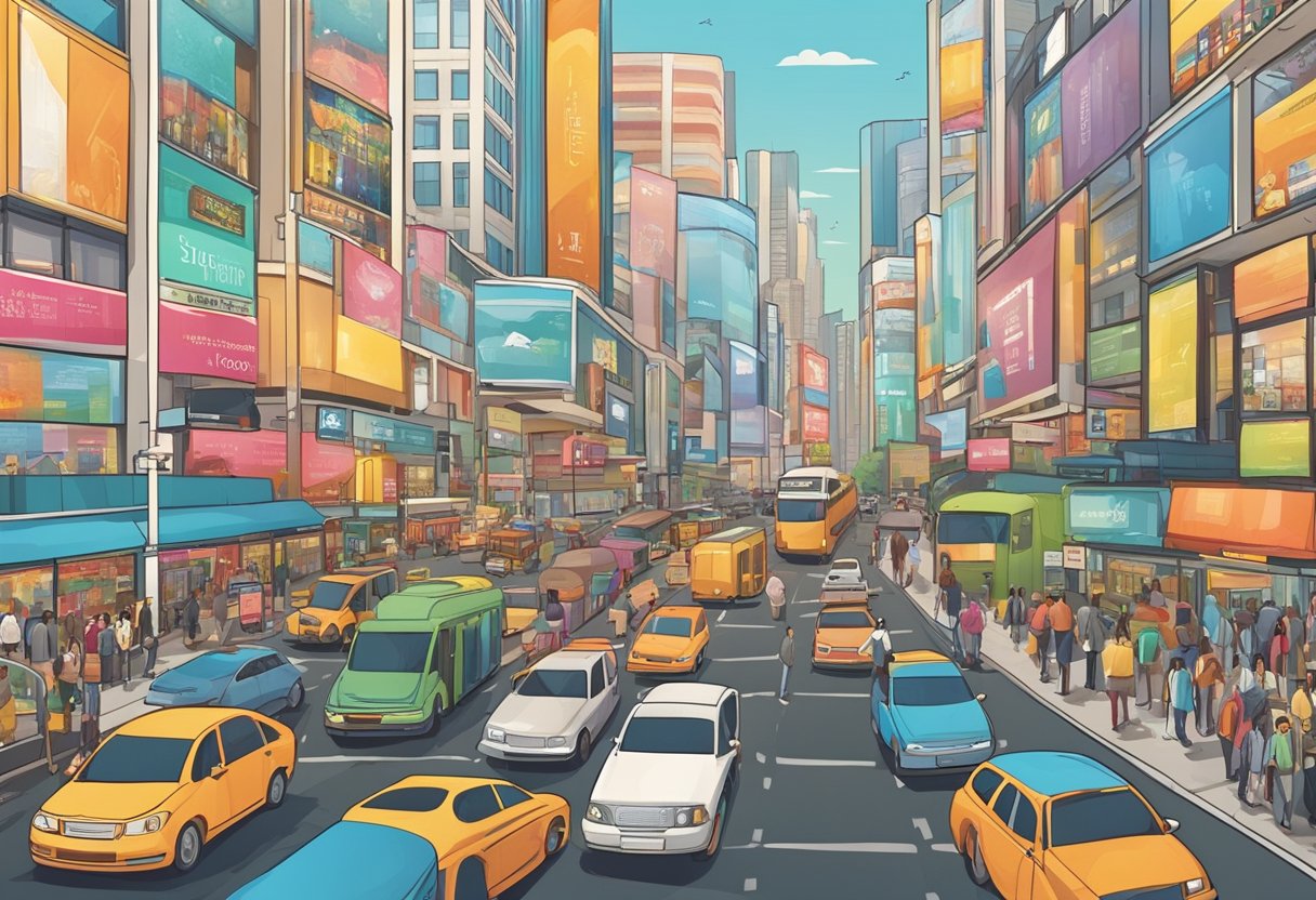 A crowded city street with tall billboards and colorful banners, showcasing various products and services. Busy shoppers and commuters fill the sidewalks, while cars and buses navigate the bustling thoroughfare