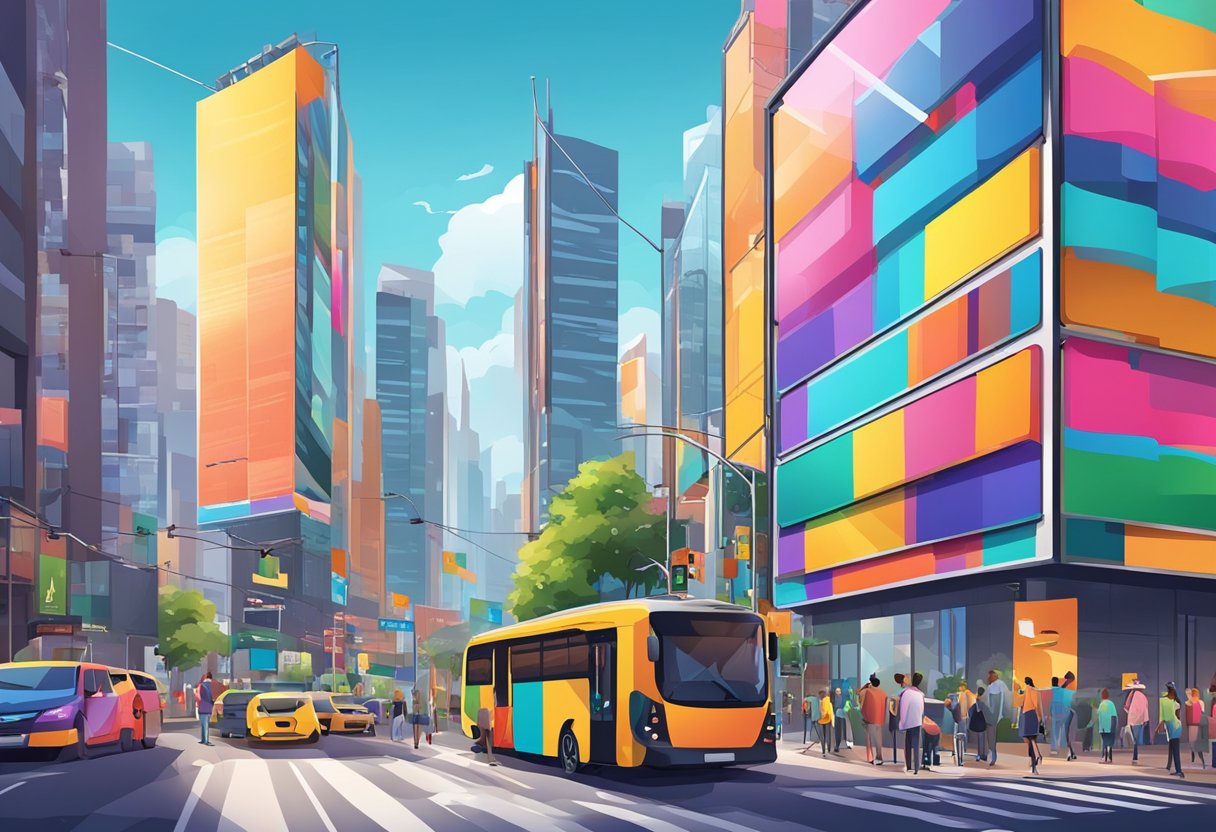 A colorful billboard stands out against a busy city street, catching the attention of passersby with its bold and vibrant design