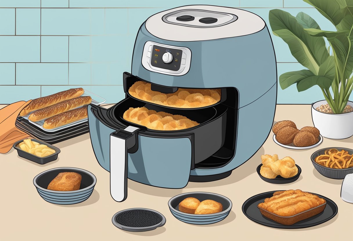 Silicone bakeware sits inside an air fryer, surrounded by hot air