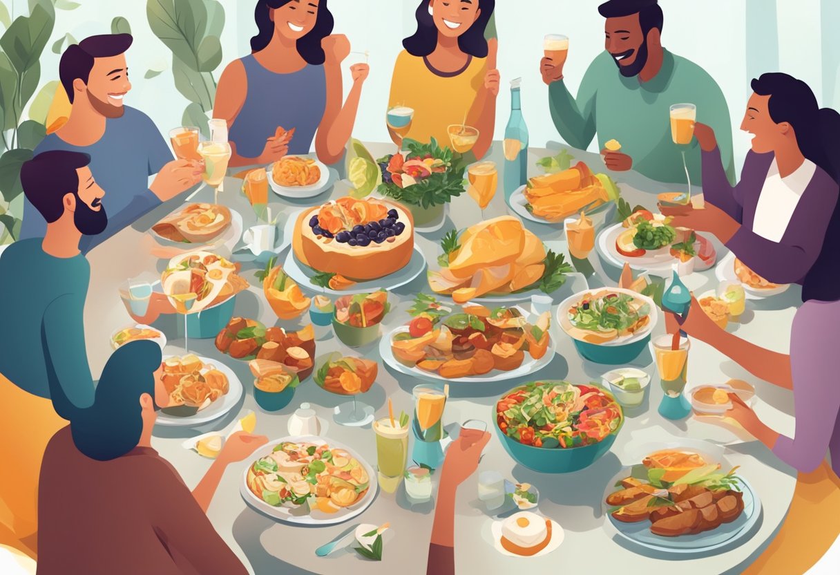 A festive table with a variety of food and drinks, surrounded by happy and engaged people engaged in conversation and laughter
