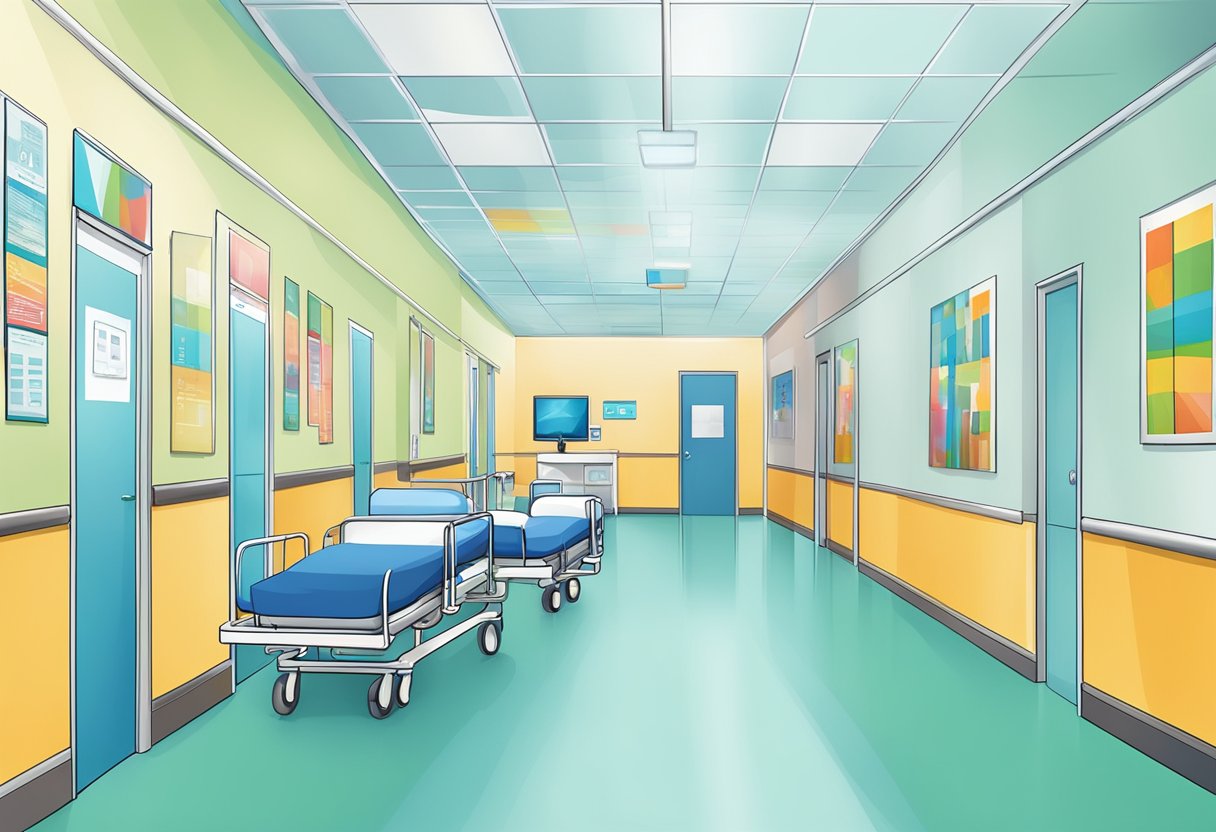 A hospital hallway with colorful posters promoting healthcare services