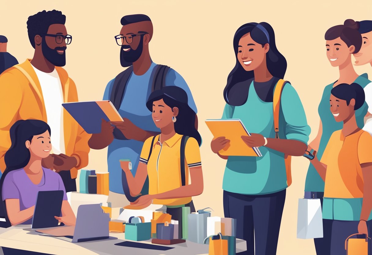 A diverse group of people interacting with various products and services, representing different demographics and cultural backgrounds