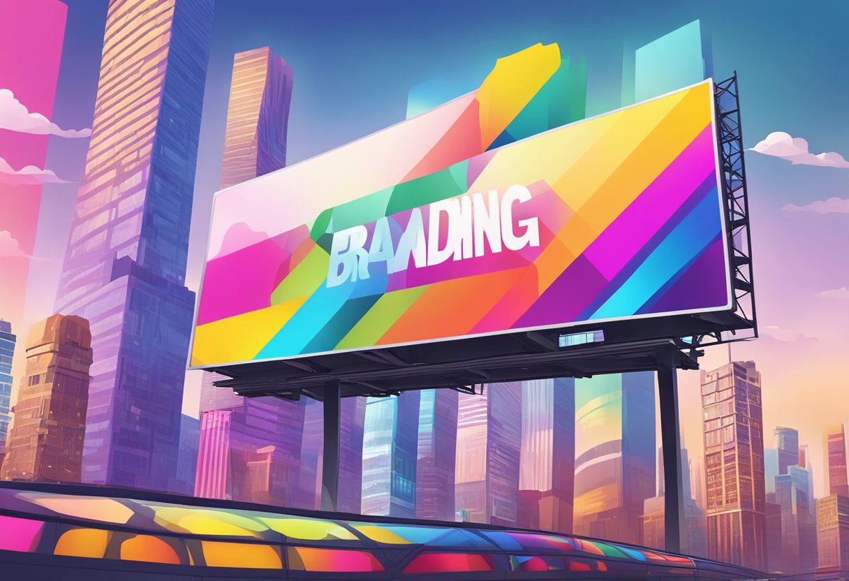 A colorful billboard stands tall against a city skyline, with vibrant text and logos promoting marketing and branding