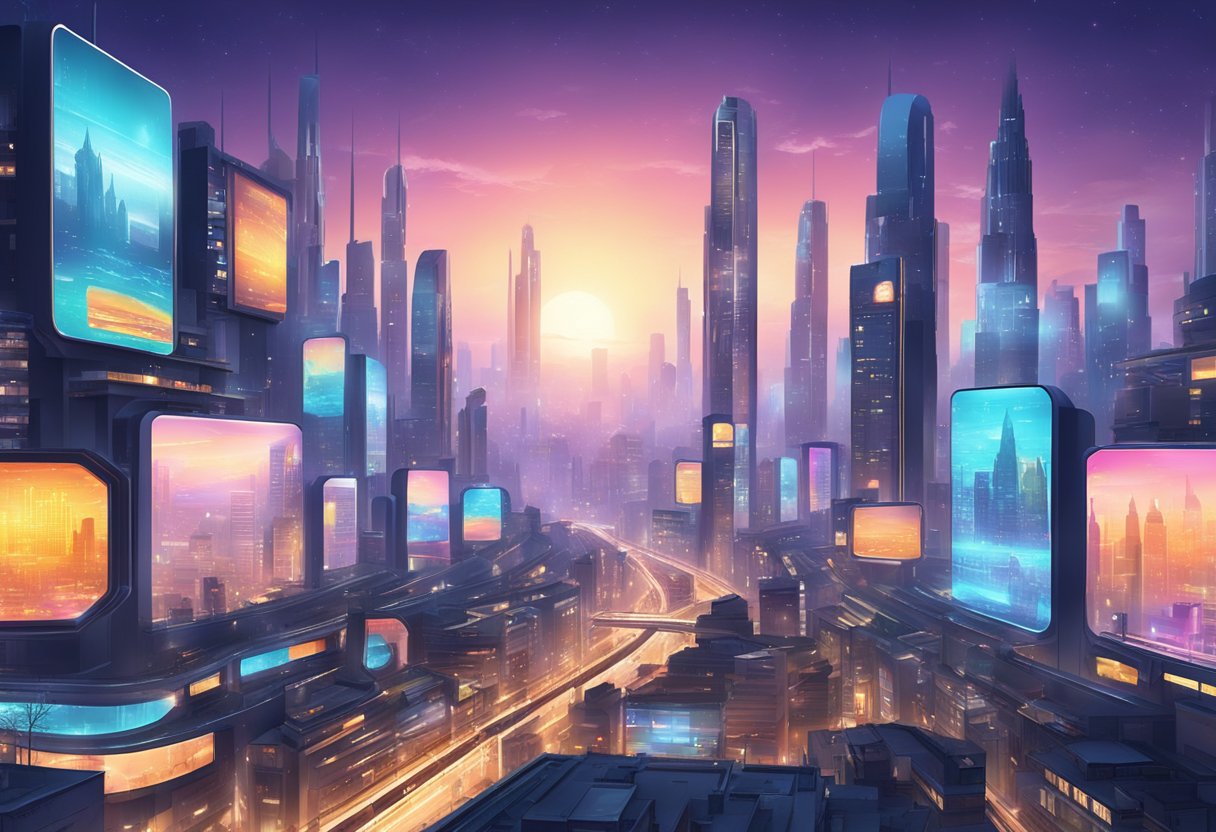 A futuristic city skyline with glowing billboards and digital advertisements filling the sky
