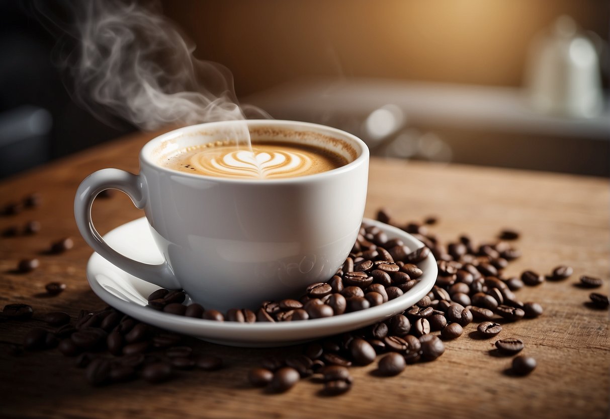 A steaming cup of nootropic coffee sits on a wooden table, surrounded by scattered coffee beans and a sleek, modern coffee maker