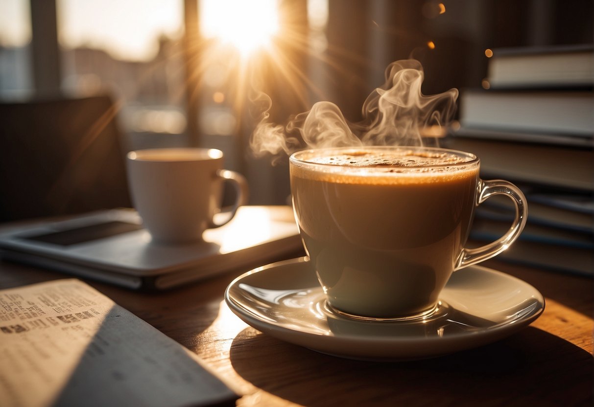 A steaming cup of nootropic coffee sits on a wooden table, surrounded by books and a laptop. The sun streams through a window, casting a warm glow on the scene