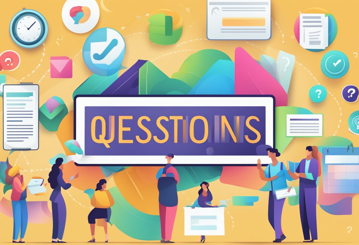 A colorful banner with "Frequently Asked Questions" text surrounded by question marks and a call to action button
