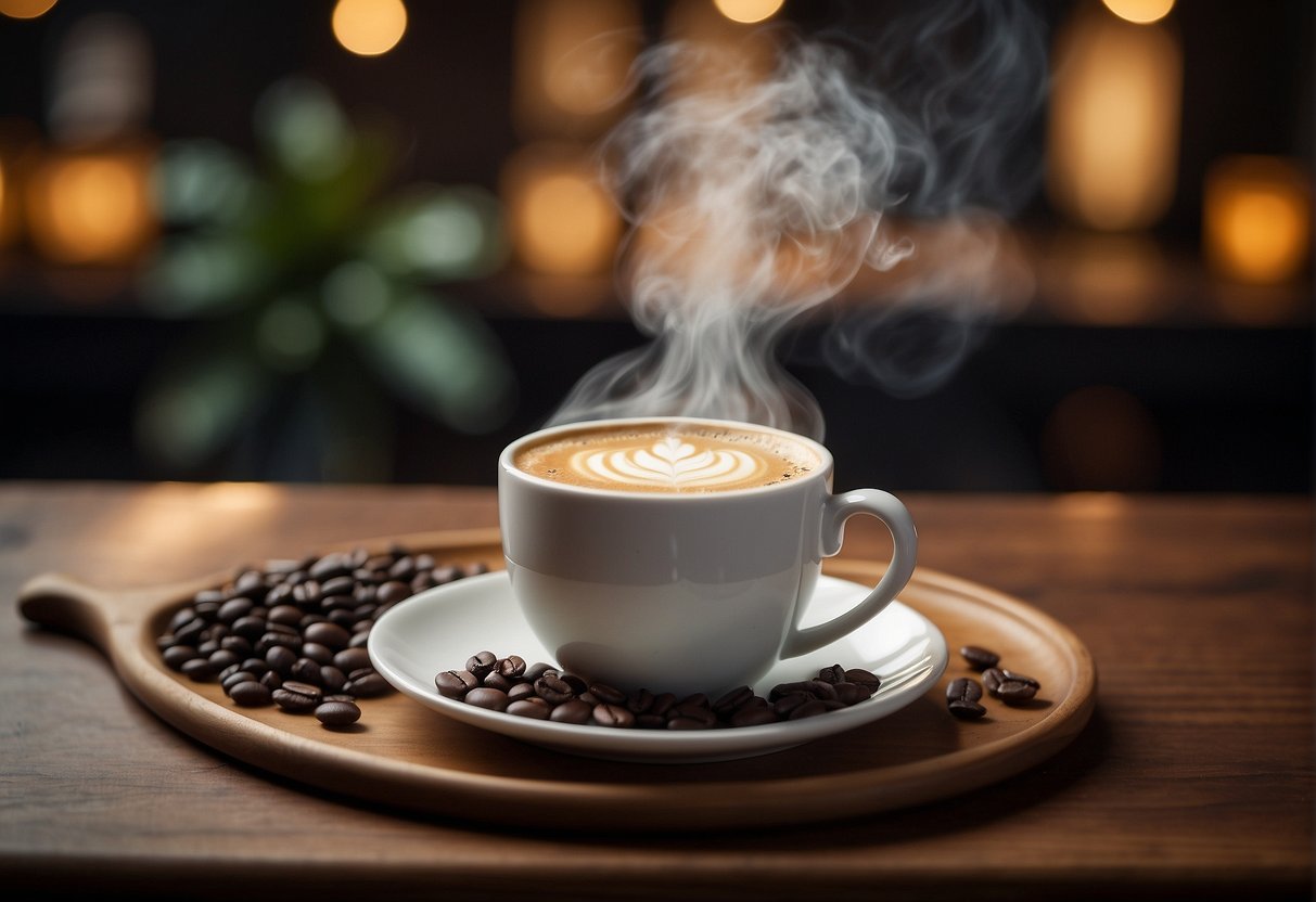 A steaming cup of nootropic coffee surrounded by ingredients like MCT oil, L-Theanine, and adaptogens, with a backdrop of a modern coffee shop