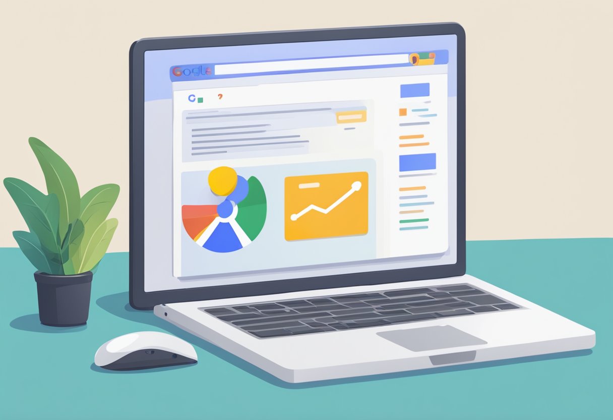 A laptop displaying a webpage with "Frequently Asked Questions" on the screen, surrounded by the Google logo and search bar