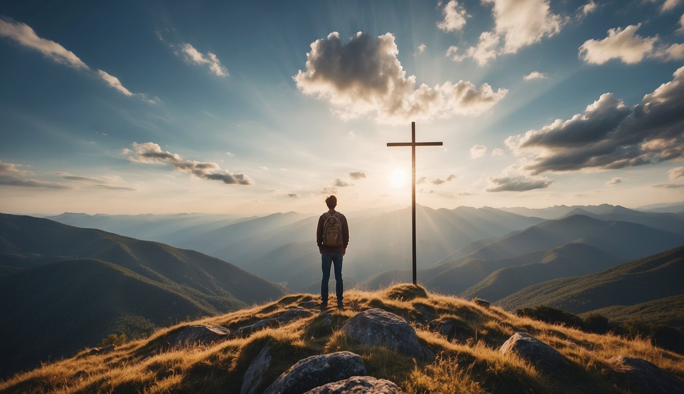 A person standing on a mountain, surrounded by nature, looking up at a cross in the sky, with a sense of peace and purpose