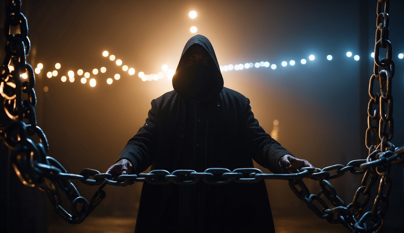 A dark figure looms over a figure in chains, while a bright light shines down from above, symbolizing sin and redemption in the Christian worldview