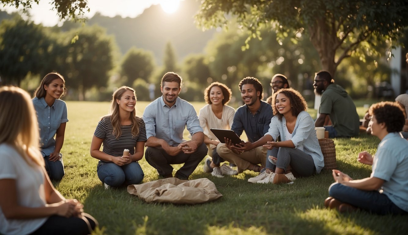 A group of people gathering in a community setting, engaging in activities that reflect Christian values and beliefs, such as worship, fellowship, and service to others