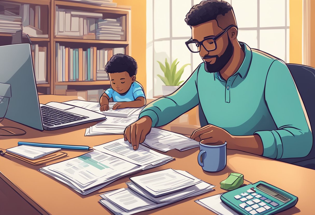 A parent entrepreneur working on taxes at a desk with a laptop, calculator, and paperwork. A child's toy and family photo sit nearby
