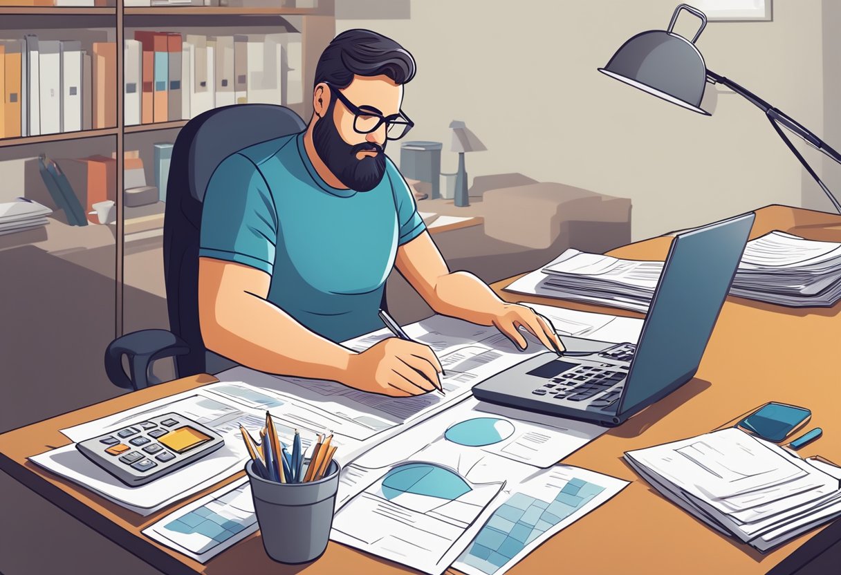 A parent entrepreneur reviews tax documents at a desk, with a laptop and calculator, surrounded by paperwork and a calendar