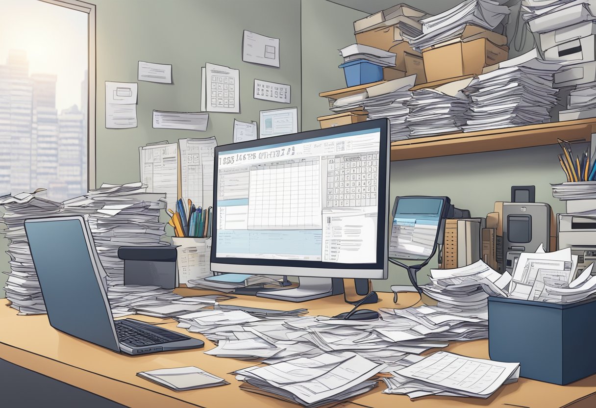 A cluttered home office with a desk covered in receipts, a computer displaying tax software, and a calendar with important dates highlighted