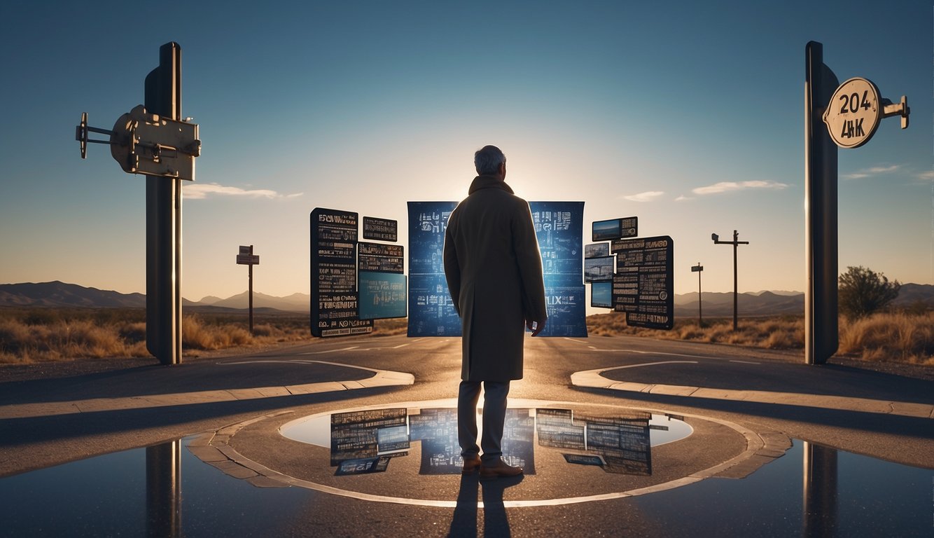 A person standing at a crossroads, surrounded by conflicting symbols of identity: a Bible, a smartphone, a mirror, and a globe