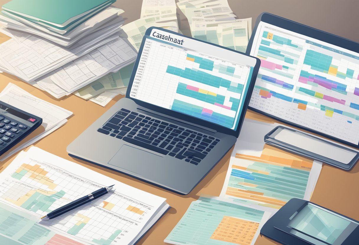 A desk with a laptop, calculator, and financial documents. A calendar with tax deadlines. A cash flow chart and a list of estimated tax payments