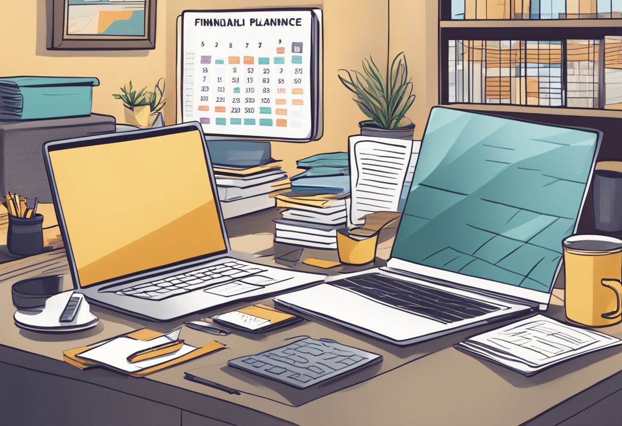 A cozy home office with a desk covered in financial documents, a laptop displaying retirement and insurance planning tips, and a calendar with family activities marked