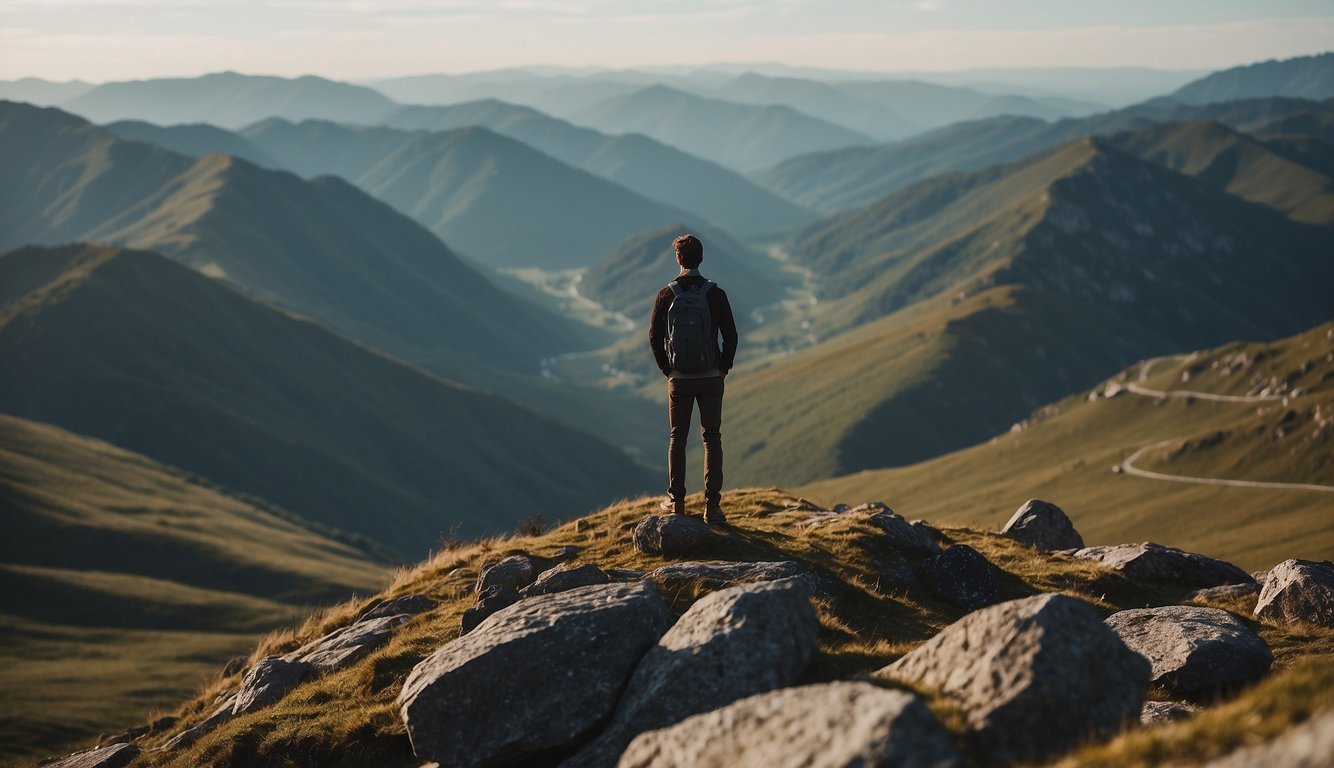 A figure standing on a mountaintop, gazing at a vast, awe-inspiring landscape, with a sense of purpose and belonging