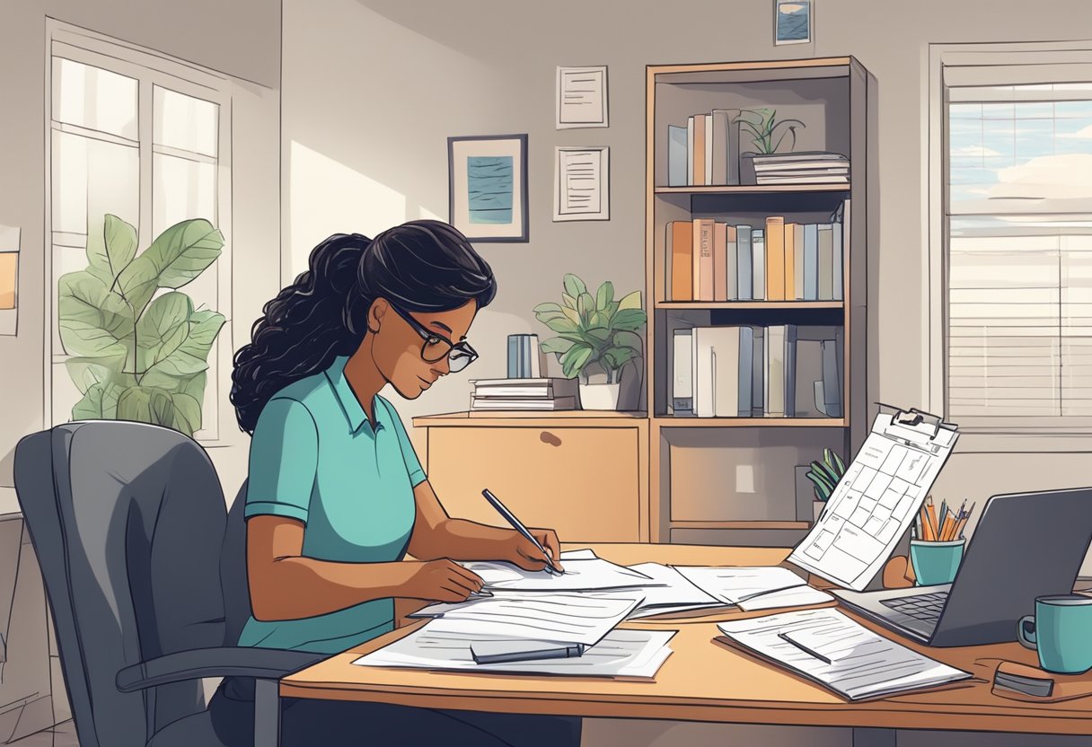 A home office desk with tax forms, a laptop, and a calendar. A parent entrepreneur is reviewing documents and making notes. The scene is organized and professional
