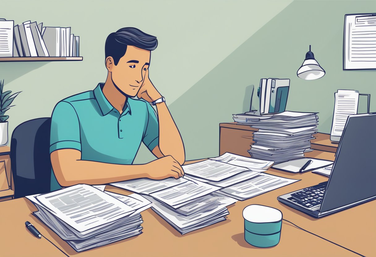 A parent entrepreneur sits at a desk, surrounded by tax forms and a computer. A "Frequently Asked Questions Tax Tips" guide is open in front of them