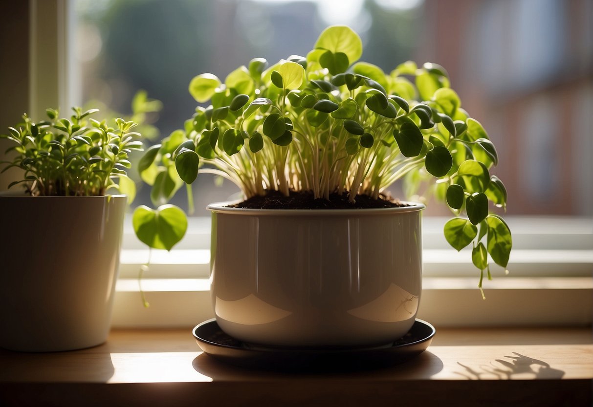 A self-watering pot sits on a windowsill, with green sprouts peeking out from the soil. The pot is surrounded by sunlight streaming in through the window