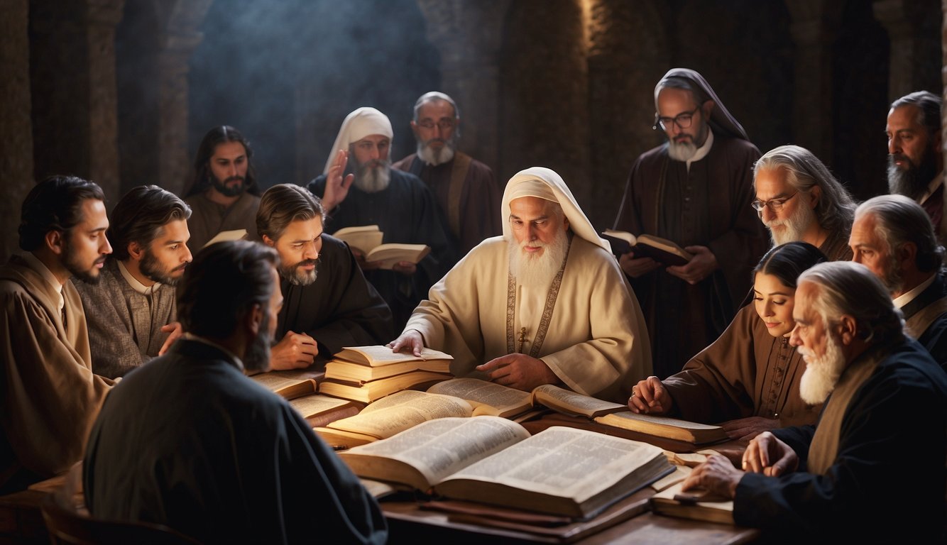 A table with various religious texts open, surrounded by scholars in deep discussion on eschatology