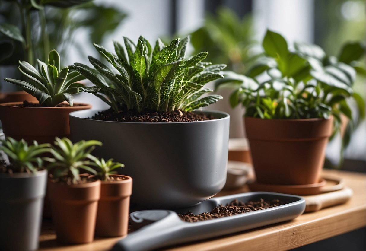 A hand reaches for a sleek, modern self-watering pot on a shelf, surrounded by various plant options and gardening tools