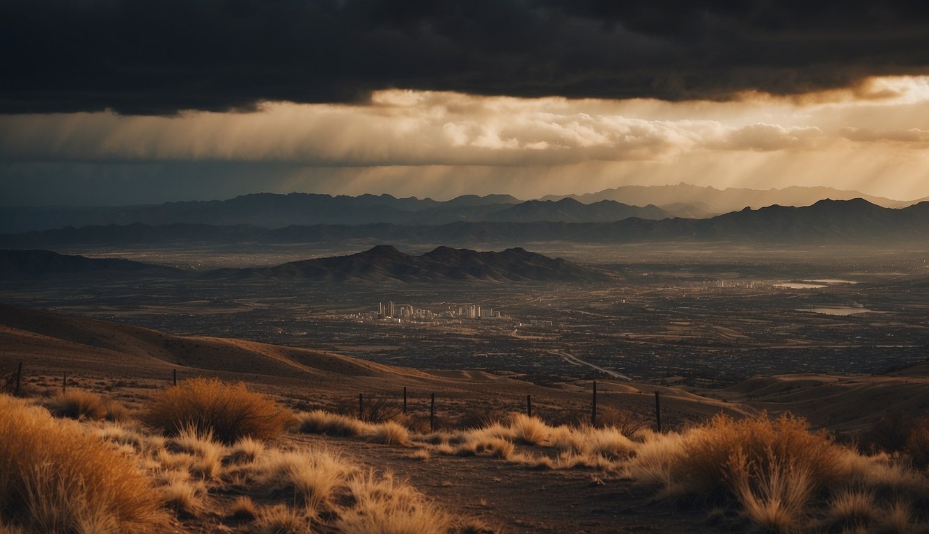 A bright, golden city shining in the distance while dark, ominous clouds gather above a barren, desolate landscape