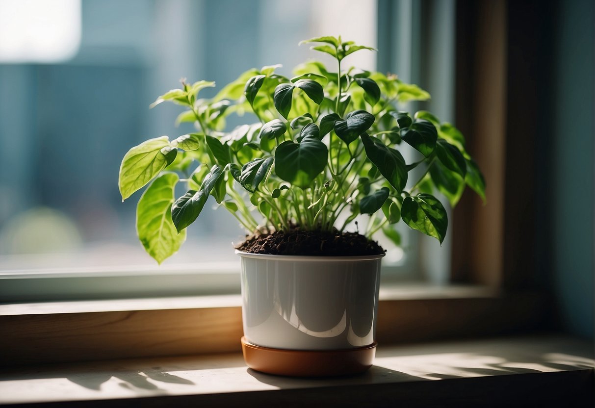 A self-watering pot sits on a windowsill, with a small water reservoir at the base and a healthy plant growing in the soil