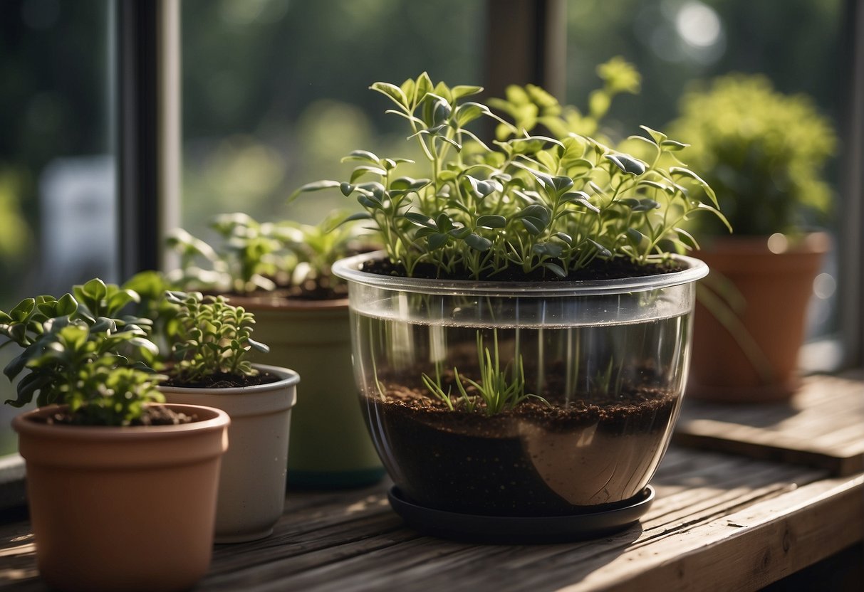 A self-watering pot with wilting plants, water level below minimum, and soil clumping at the bottom