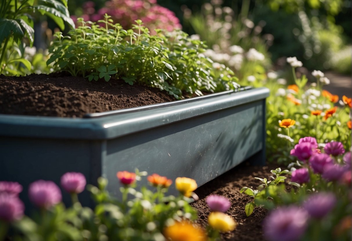 A self-watering trough sits in a lush garden, surrounded by vibrant flowers and greenery. The trough is filled with water, and a small mechanism allows it to continuously water the plants