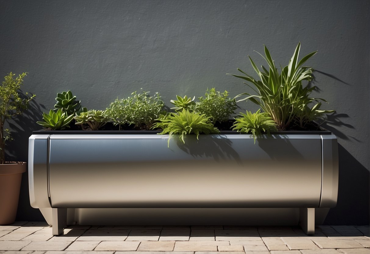 A self-watering trough sits against a wall, with a built-in reservoir and a water level indicator. Plants thrive in the soil, while the trough's sleek design adds a modern touch to the space