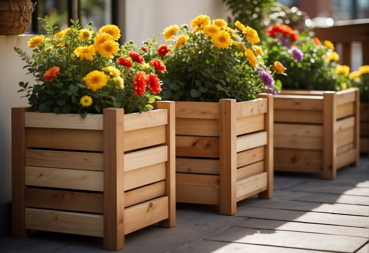 Wooden planter boxes arranged on a sunny patio, filled with vibrant flowers and greenery