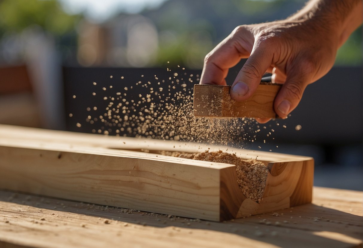 A hand reaches for a smooth, untreated timber plank. Sawdust scatters as it's cut to size, then assembled into a sturdy planter box