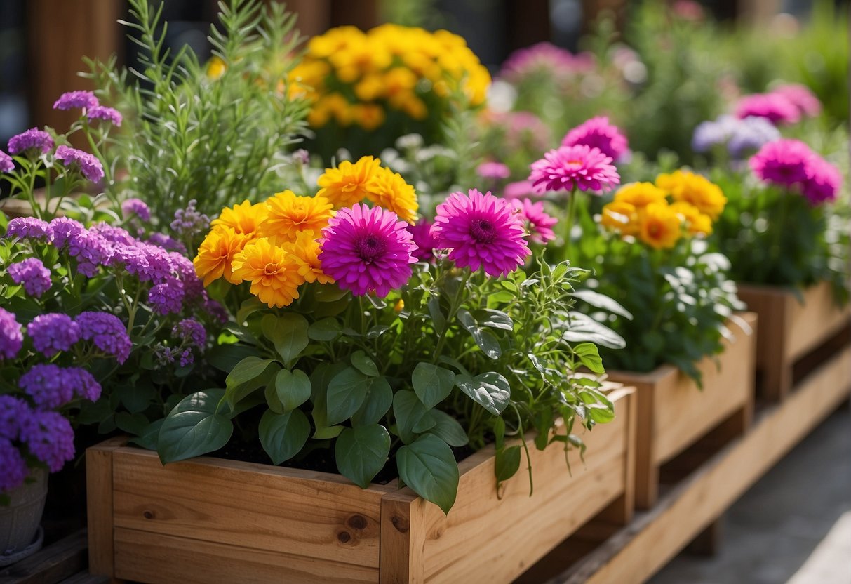 Wooden planter boxes filled with colorful flowers and herbs arranged in a creative and eye-catching display