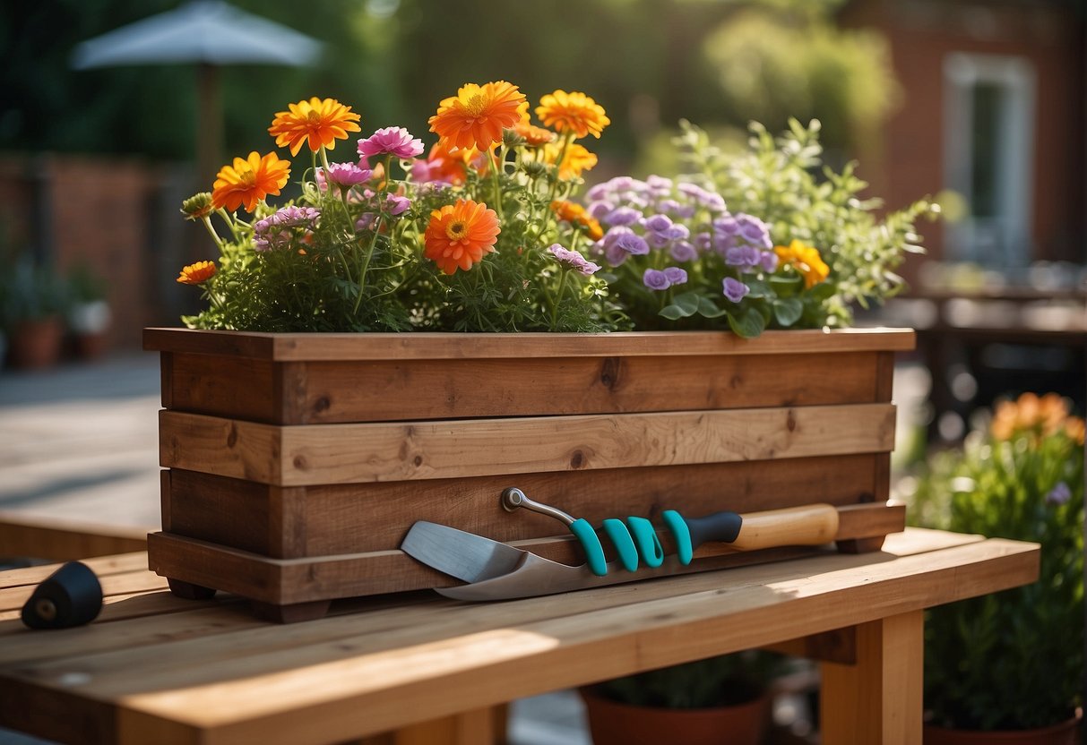 A wooden planter box sits on a sunny patio, filled with vibrant flowers and greenery, surrounded by a few gardening tools