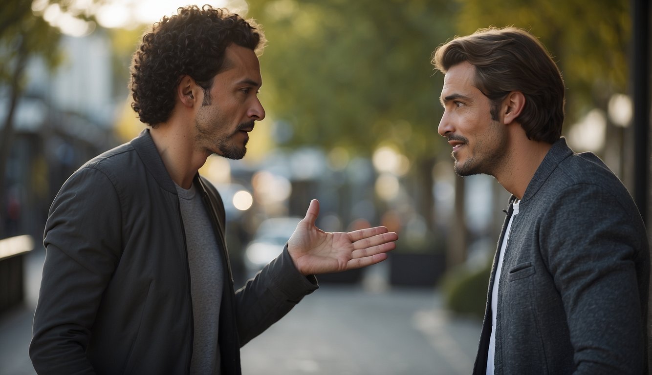 Two individuals face each other, gesturing calmly and attentively as they discuss a disagreement. A peaceful and respectful atmosphere is evident in their interaction