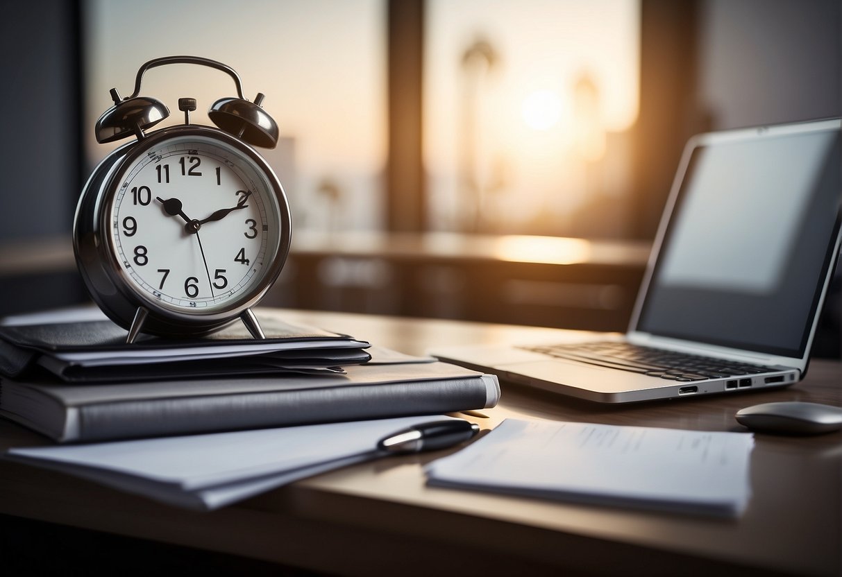 A desk with a computer, a stack of papers, and a clock showing flexible working hours