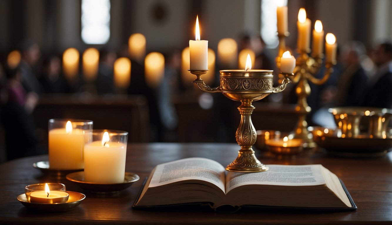 A church altar with lit candles, an open Bible, and a chalice and paten set for communion, surrounded by worshippers in prayer