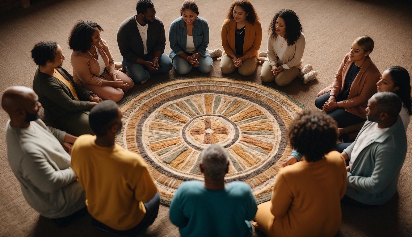 A group of diverse people gather in a circle, holding hands and engaging in a communal liturgical practice, symbolizing community and unity in Christian spiritual formation