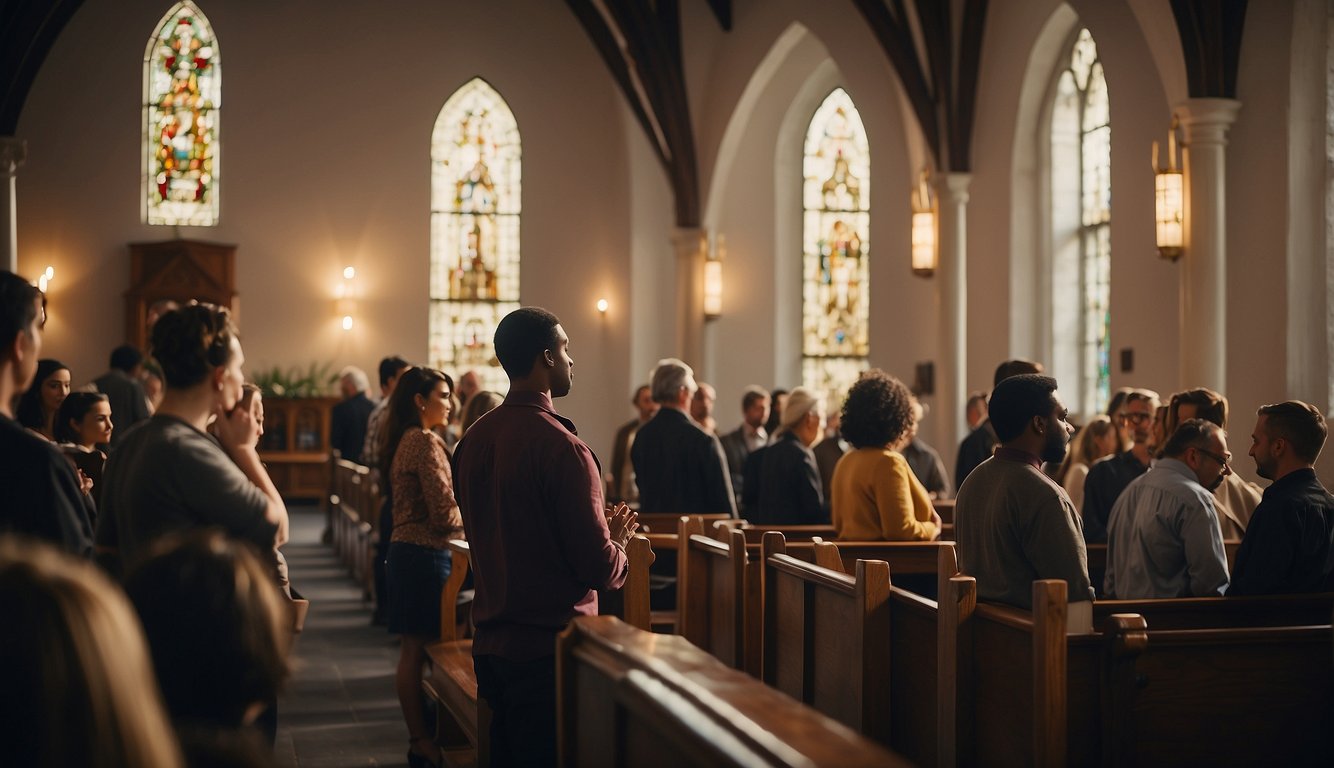 A group of people gather in a church, engaging in various liturgical practices such as prayer, scripture reading, and sacraments. The atmosphere is filled with a sense of reverence and spiritual growth