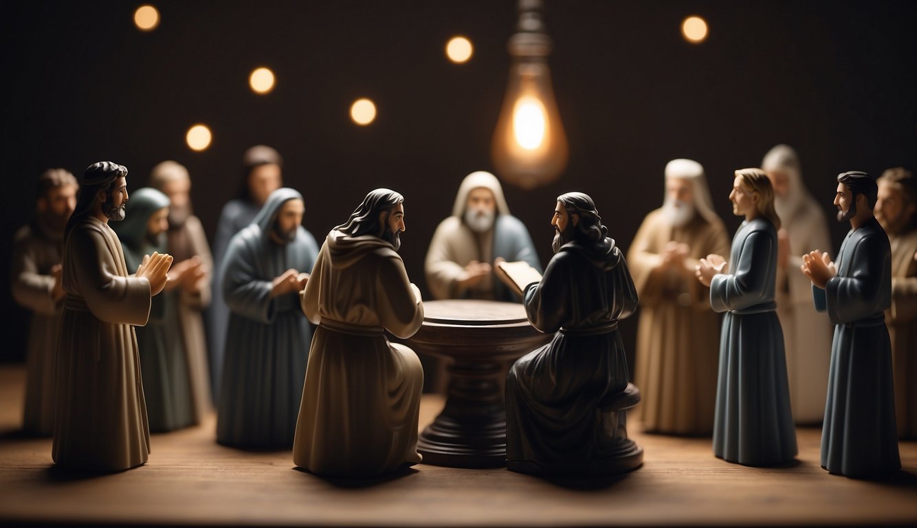 A group of religious figures debating with a group of non-believers, symbolizing the clash between Christianity and modern atheism and agnosticism