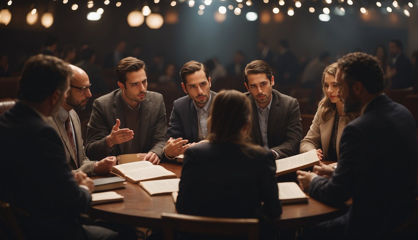 A group of people engaging in deep discussions, some holding religious texts, while others express skepticism through body language