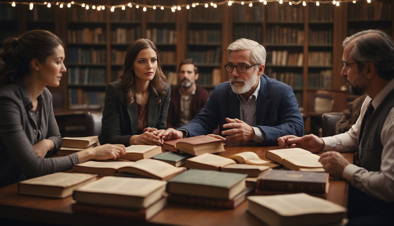 A group of people engage in thoughtful discussion, surrounded by books and symbols of various faiths, as they navigate the challenges of living a Christian life in a skeptical world