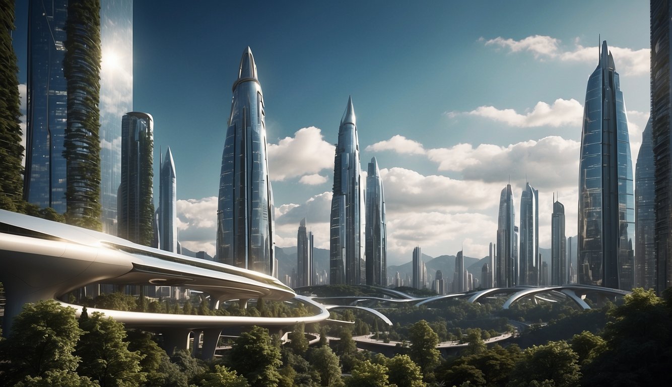 A bright, futuristic cityscape with towering buildings and advanced technology, juxtaposed with a serene natural landscape, symbolizing the clash between Christian faith and modern skepticism