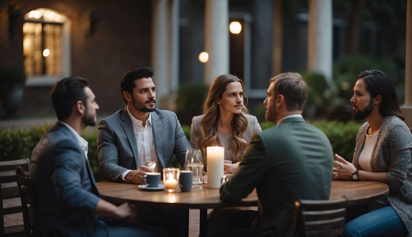 A group of people engaged in deep discussion, with one person passionately defending their Christian beliefs against the skepticism of atheism and agnosticism