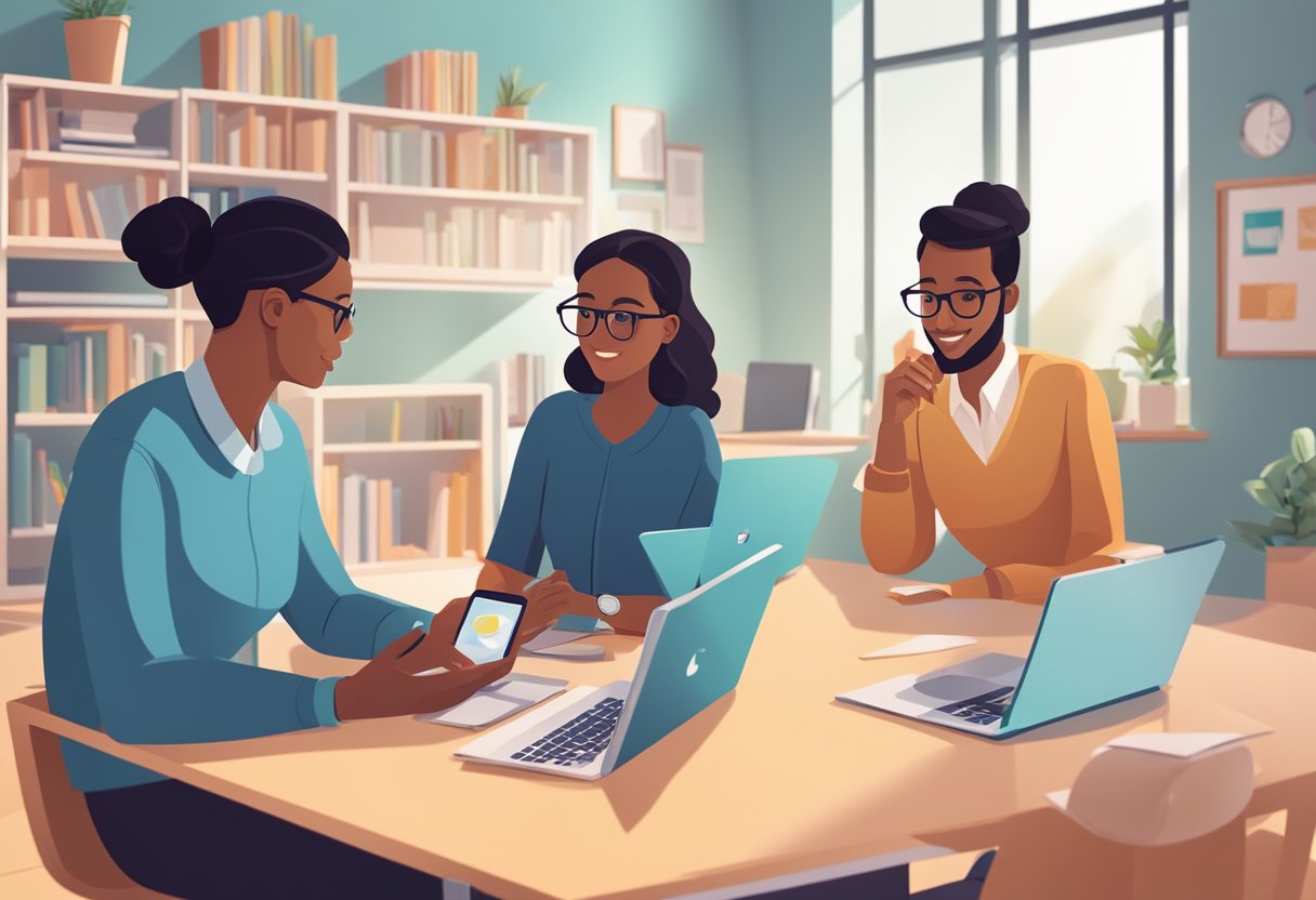 A parent and educator discuss digital citizenship, surrounded by devices and educational materials in a modern, well-lit room