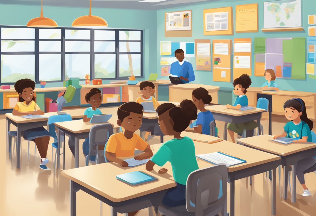 Educators guide students through digital citizenship principles in a classroom setting, emphasizing responsibility and ethical behavior online