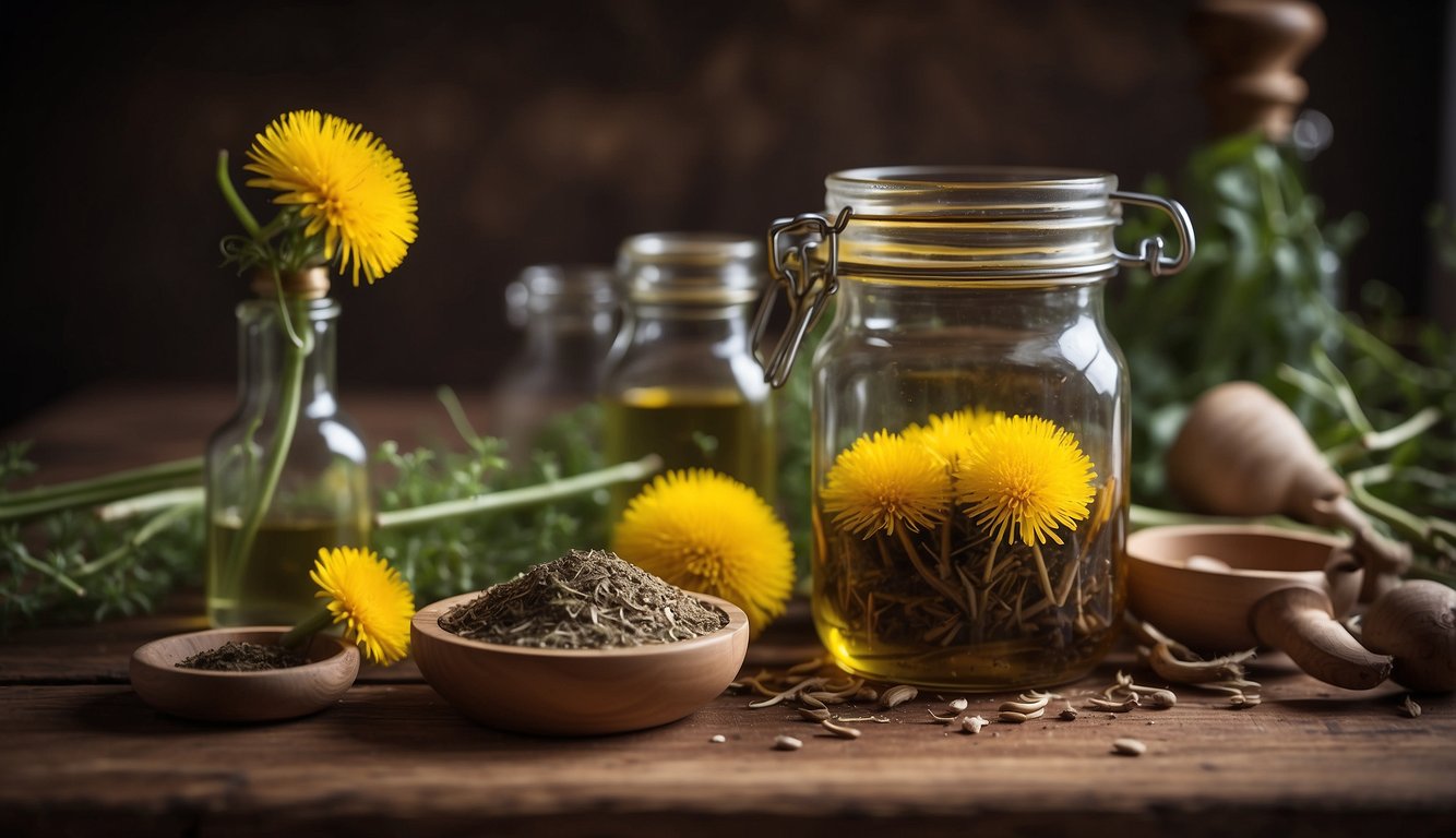 A mortar and pestle grind dandelion roots. A glass jar holds the tincture steeping in alcohol. Ingredients and tools are neatly arranged on a wooden table